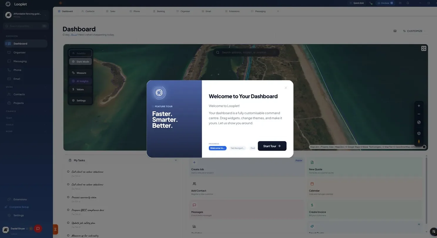 Looplet dashboard with revenue widgets, today's plan, and my tasks — all configurable, drag-and-drop