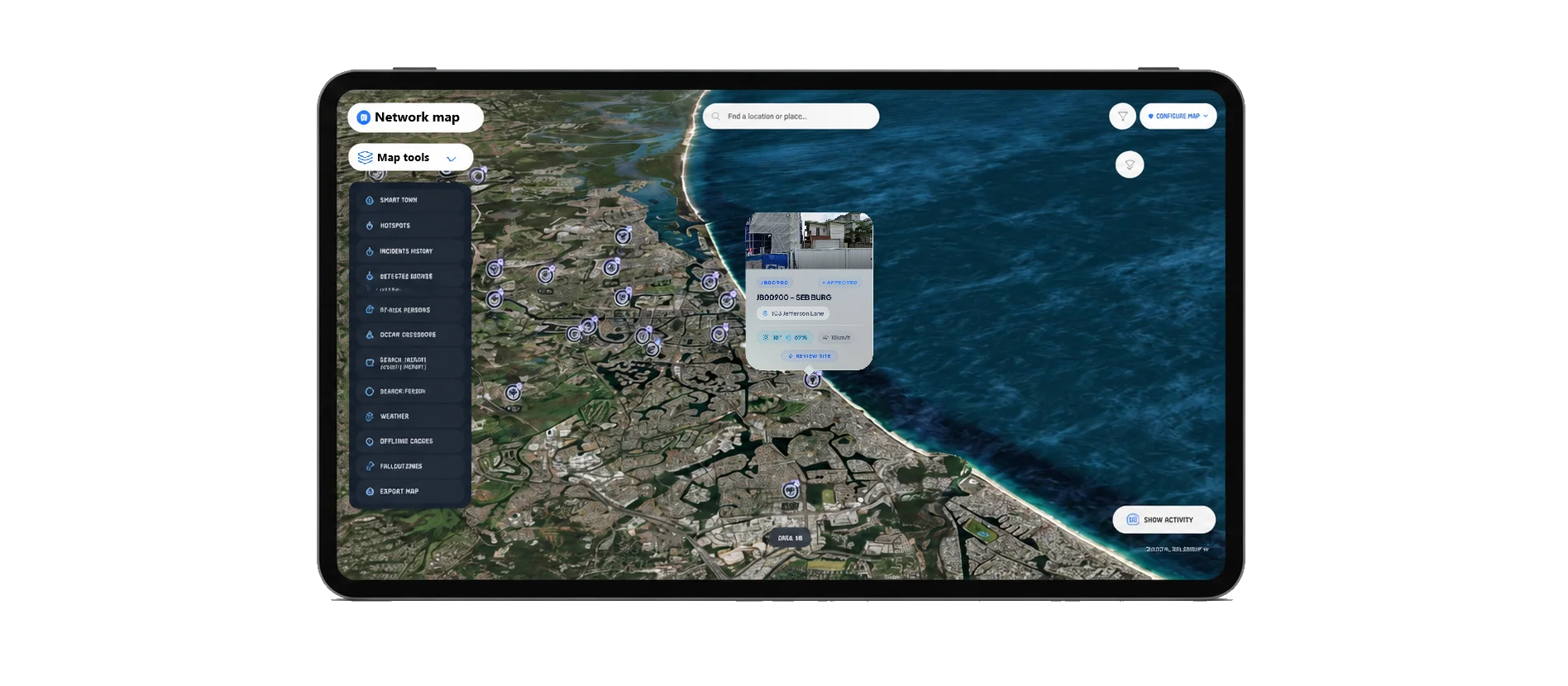 Looplet iPad dashboard showing a satellite job map with trade job pins, map tools, filters and customer job controls for Australian field crews